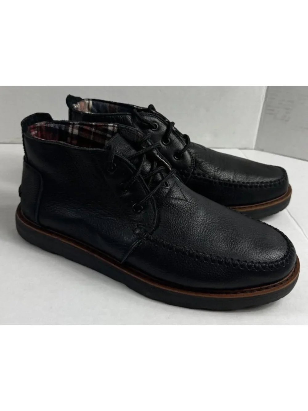 Toms Mens Plaid Lined Embossed Leather Chukka Lace Up Ankle Boots Black Sz 9 EUC